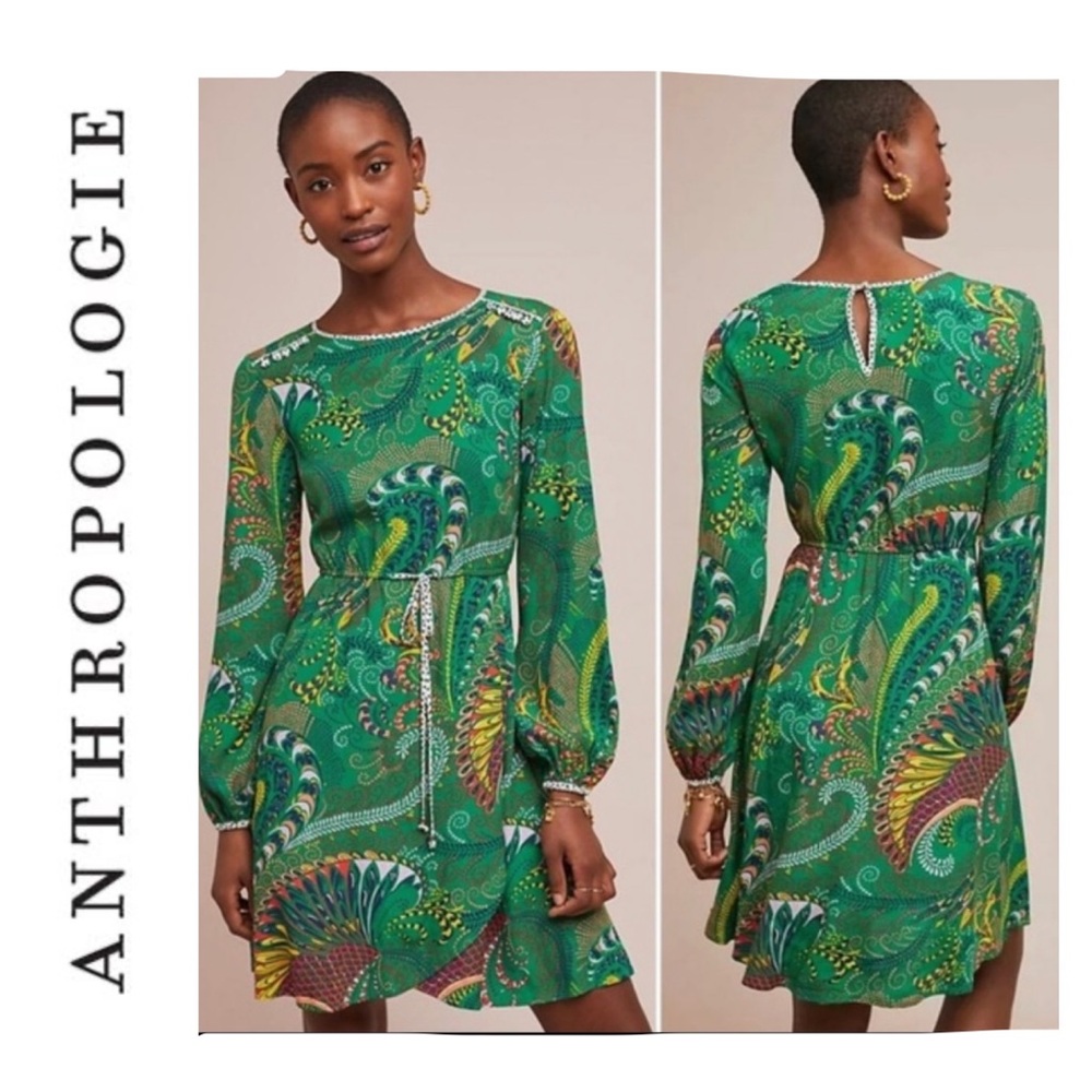 EUC Anthropologie Maeve Green Paisley Janis Dress Size 14